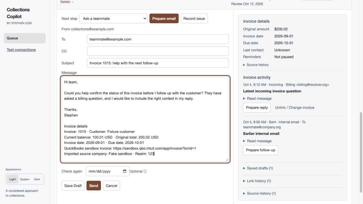 Current Collections Copilot invoice workspace with an editable team email, source details and activity, using fictional data.