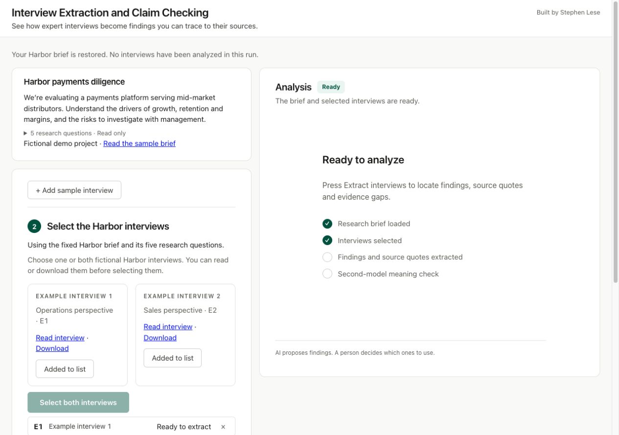 Interview workspace with Example interview 1 and Example interview 2 selected.