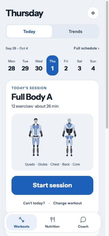 Training Table Workouts home showing a sample Full Body A session.