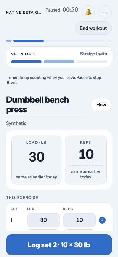 Training Table workout player with sample dumbbell bench-press sets.
