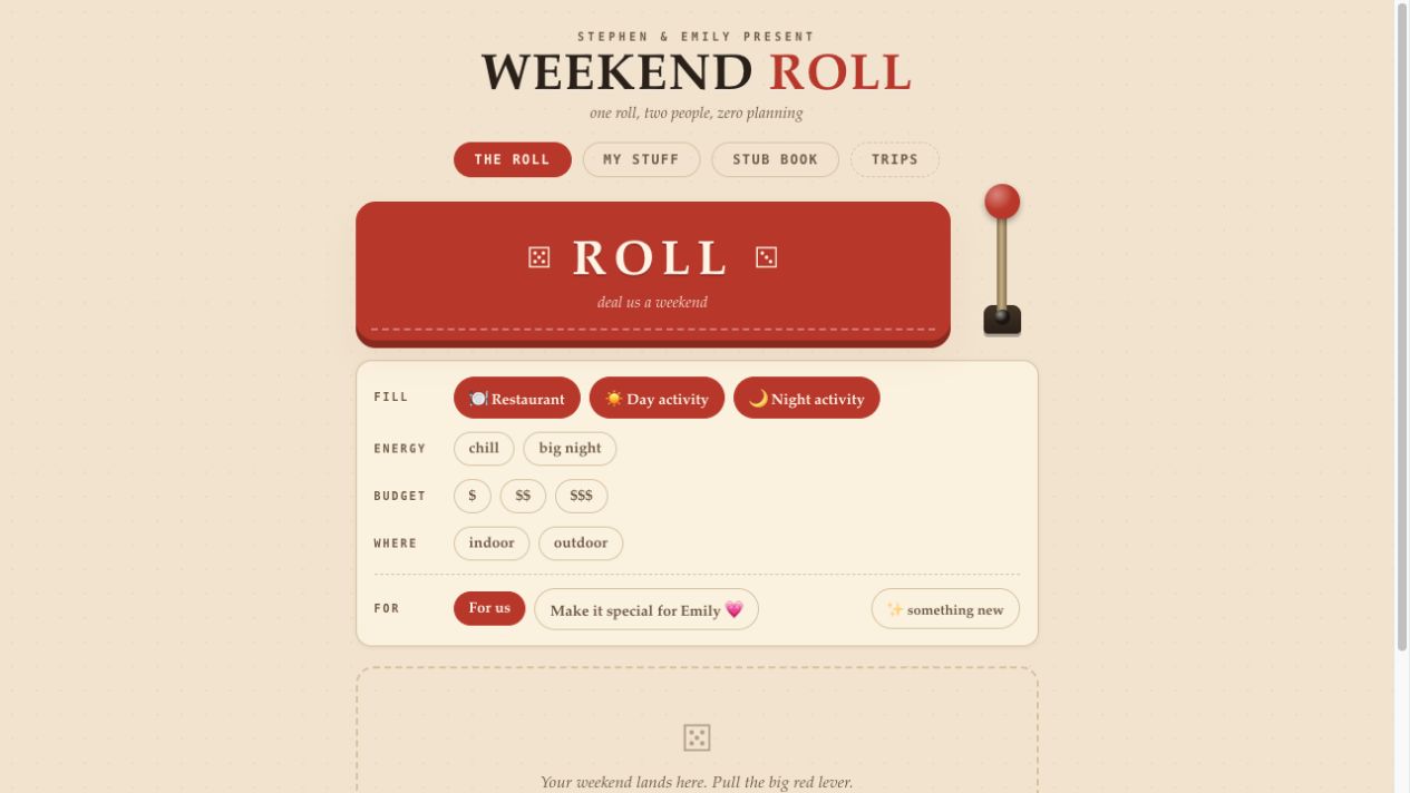Weekend Roll's red lever with mood, budget and day filters
